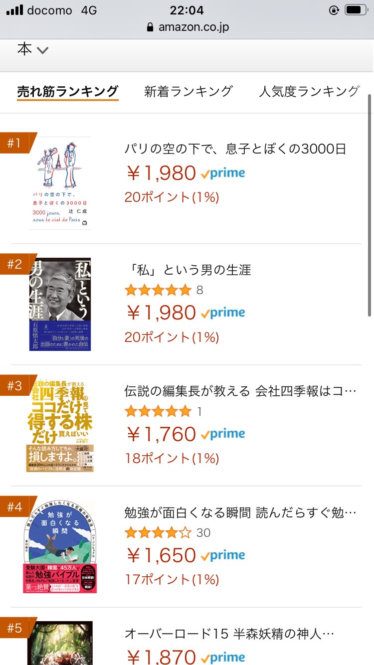 滞仏日記「Amazonで総合１位になったよ。父ちゃん、驚いて、身を案じています」