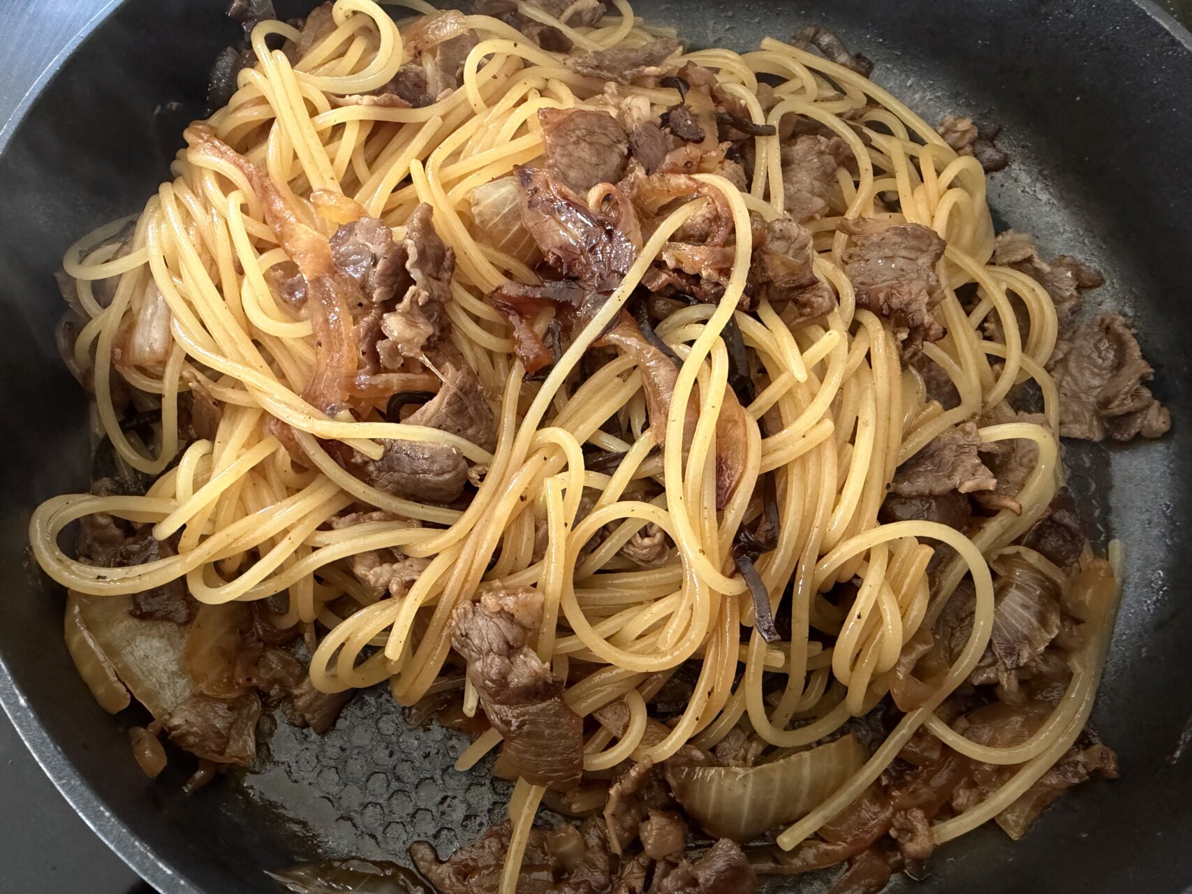 父ちゃんの普段着飯、「牛肉の甘酢パスタ」