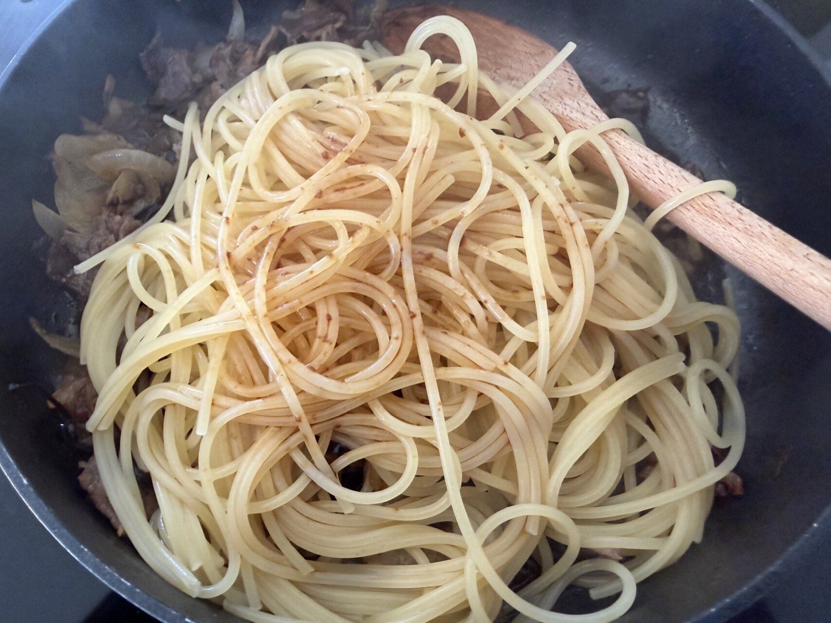 父ちゃんの普段着飯、「牛肉の甘酢パスタ」